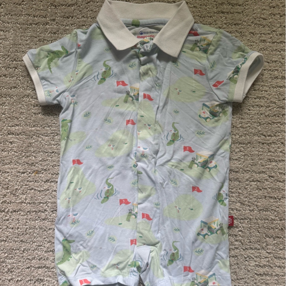 Magnetic Me ‘A Putt Above’ Modal Short Sleeve Romper - Green and White